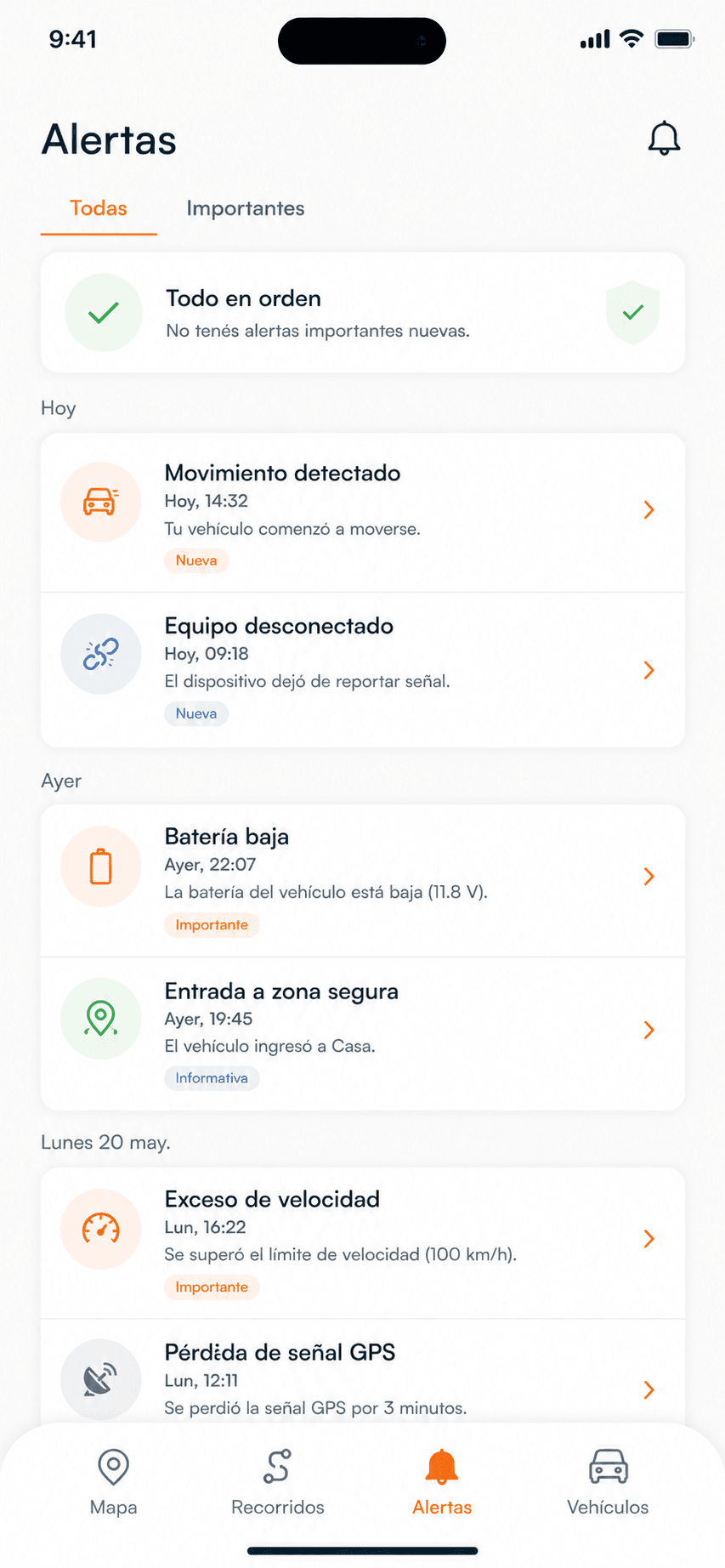 Alertas y eventos del vehículo en la app Tracker