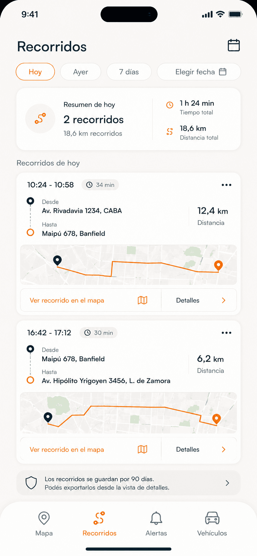 Historial de recorridos vehiculares en la app Tracker