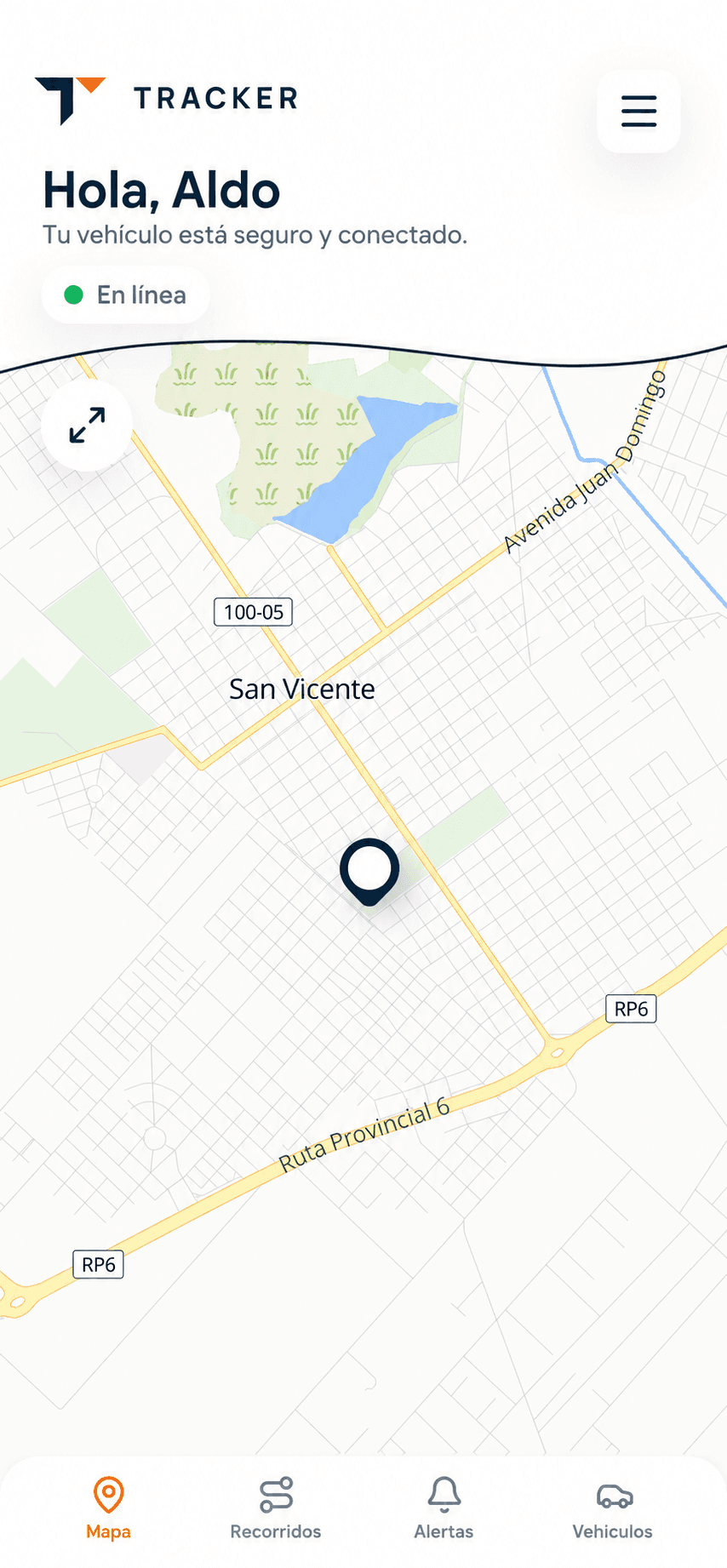 Aplicación Tracker mostrando un vehículo en el mapa