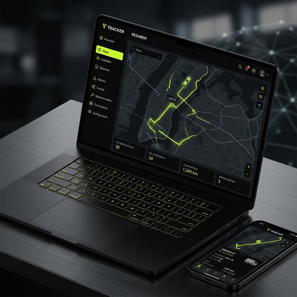 Plataforma Tracker con mapa y datos del vehículo